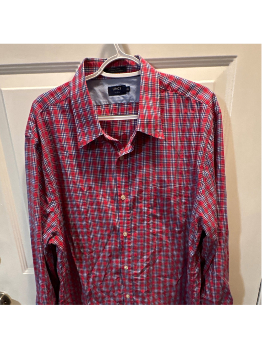 LINCS DC & Co Men Big & Tall 2XL Red Blue White Plaid Cotton Shirt Pockets
